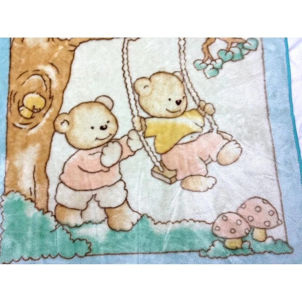 3 Bears Tree Swing‎ Plush Baby Blanket Blue Green Soft 44x50 Mushrooms Unisex